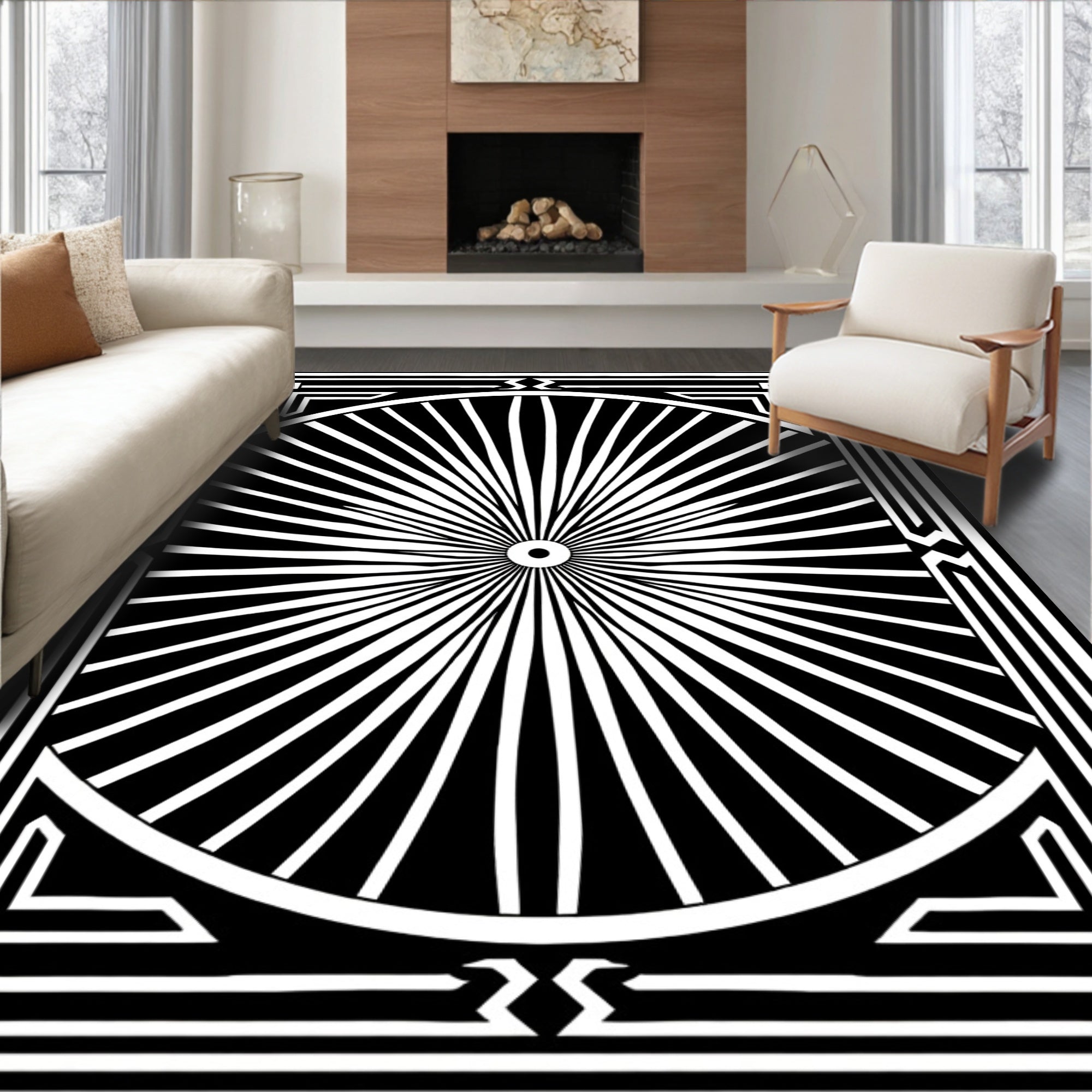 Bold Black Sunburst Geometric Rug