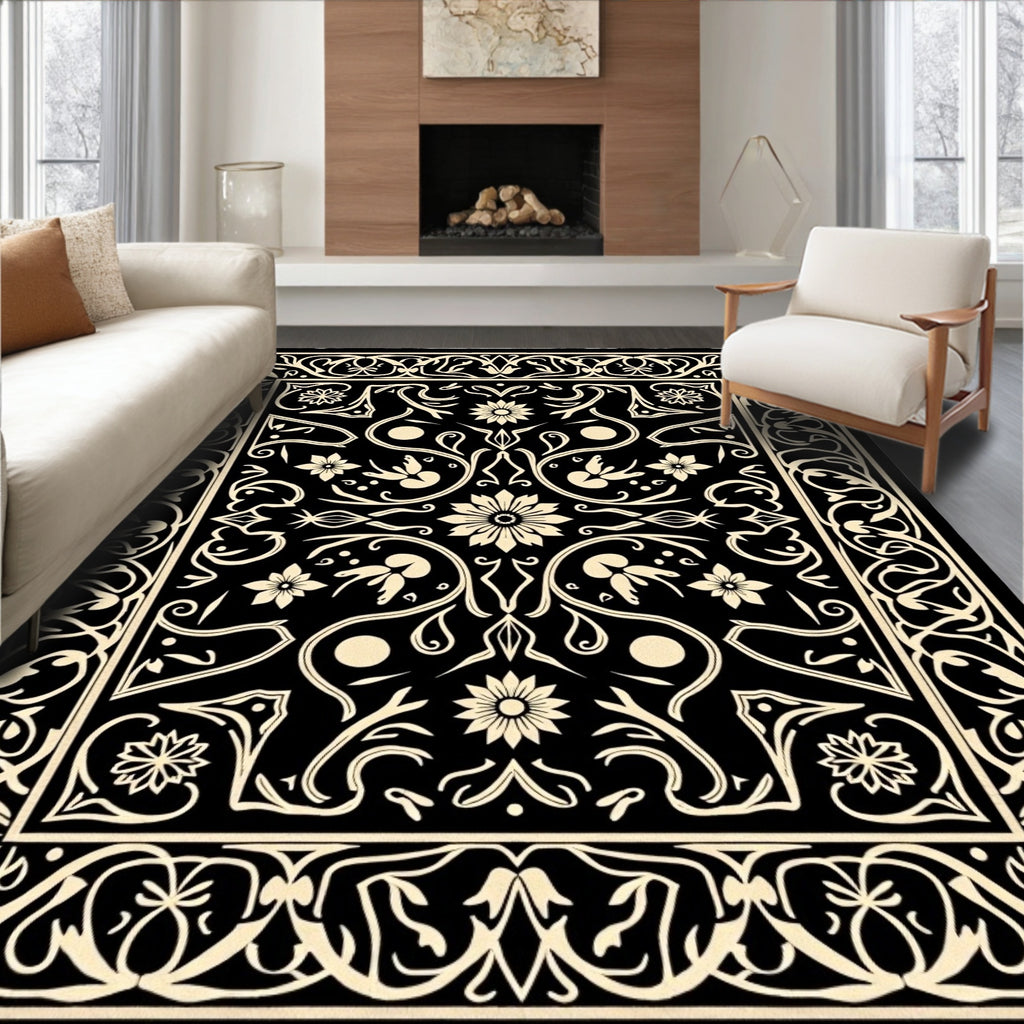 Black Floral Vine Medallion Rug