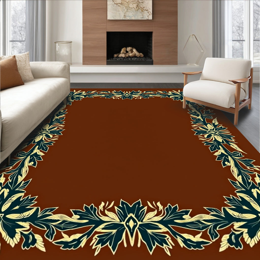 Deep Teal Floral Scroll Border Rug