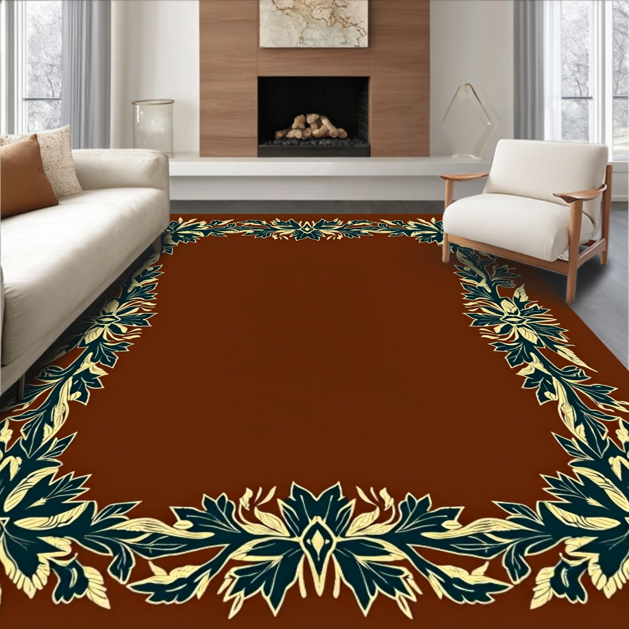 Deep Teal Floral Scroll Border Rug