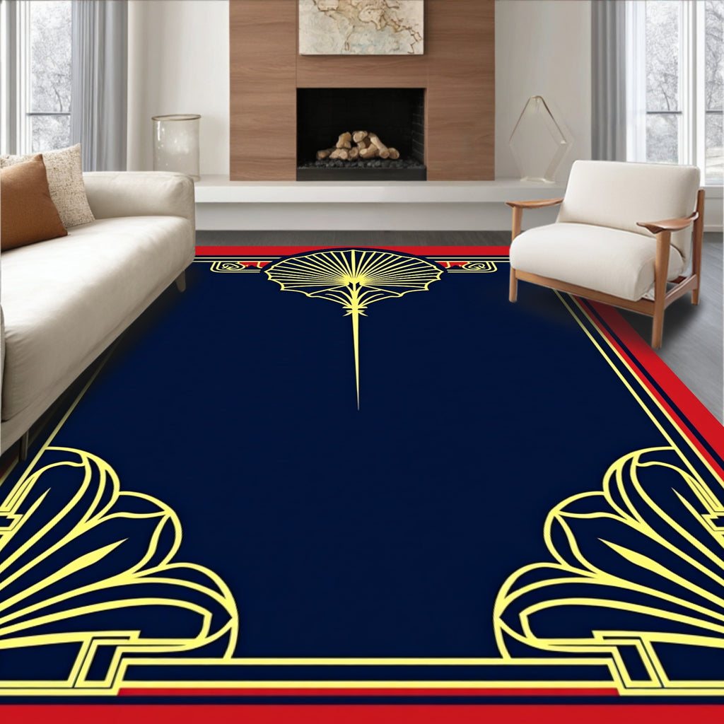Navy Gold Art Deco Fan Border Rug