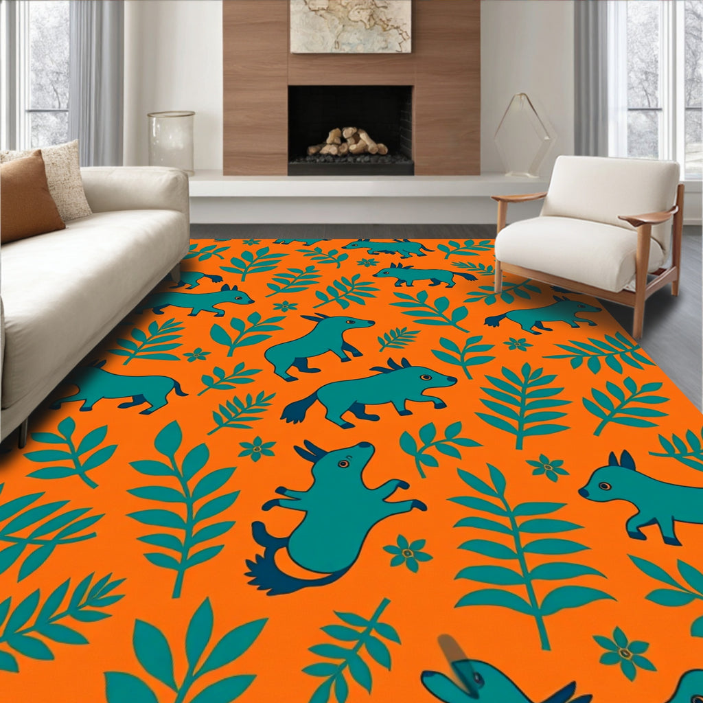 Orange Teal Canine Foliage Field Rug