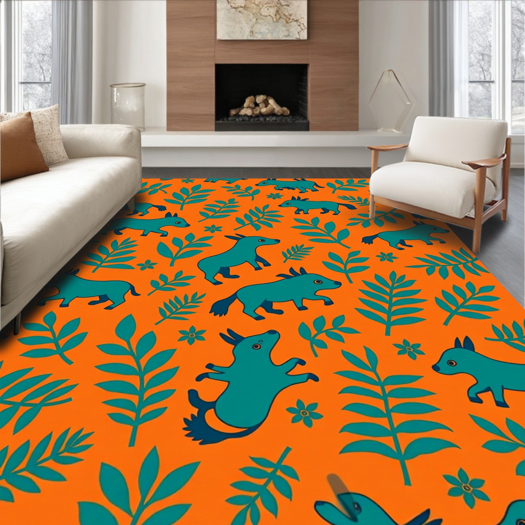 Orange Teal Canine Foliage Field Rug