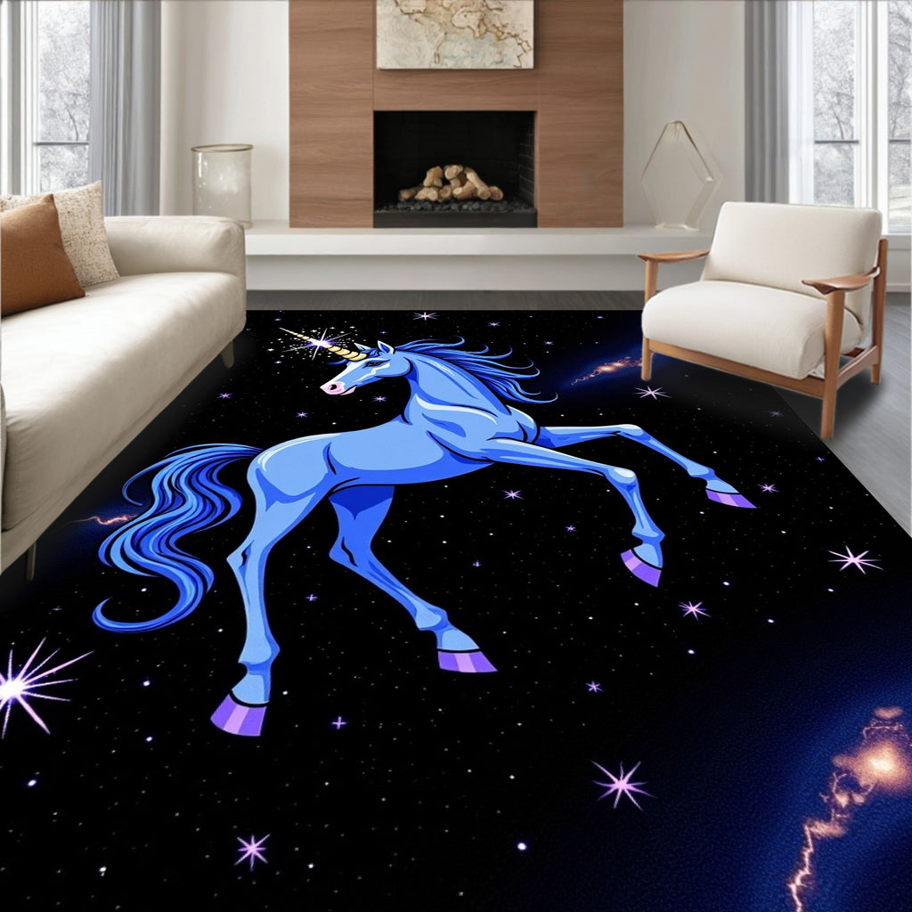 Cosmic Blue Unicorn Stars Lightning Rug