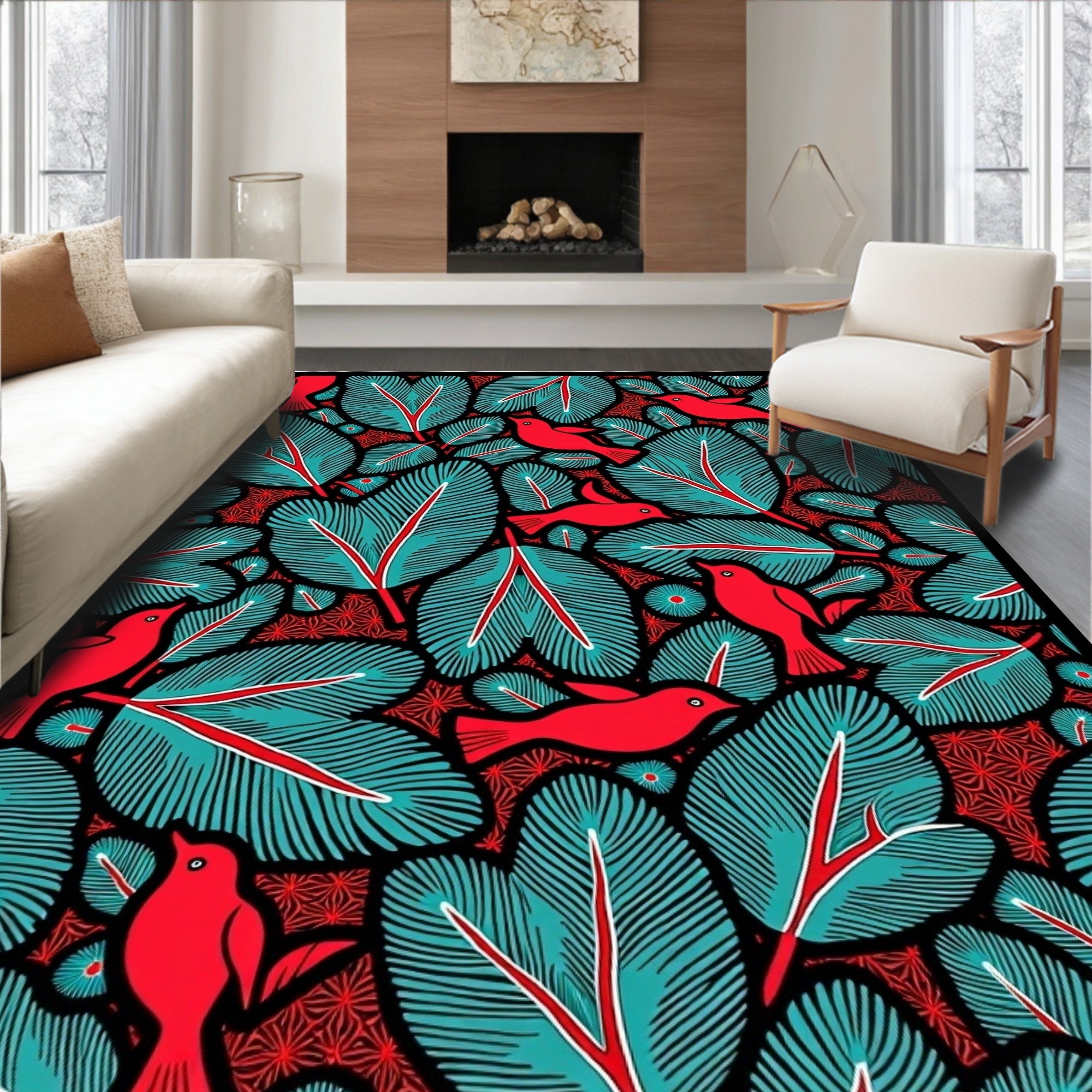 Crimson Birds Teal Feathered Foliage Rug