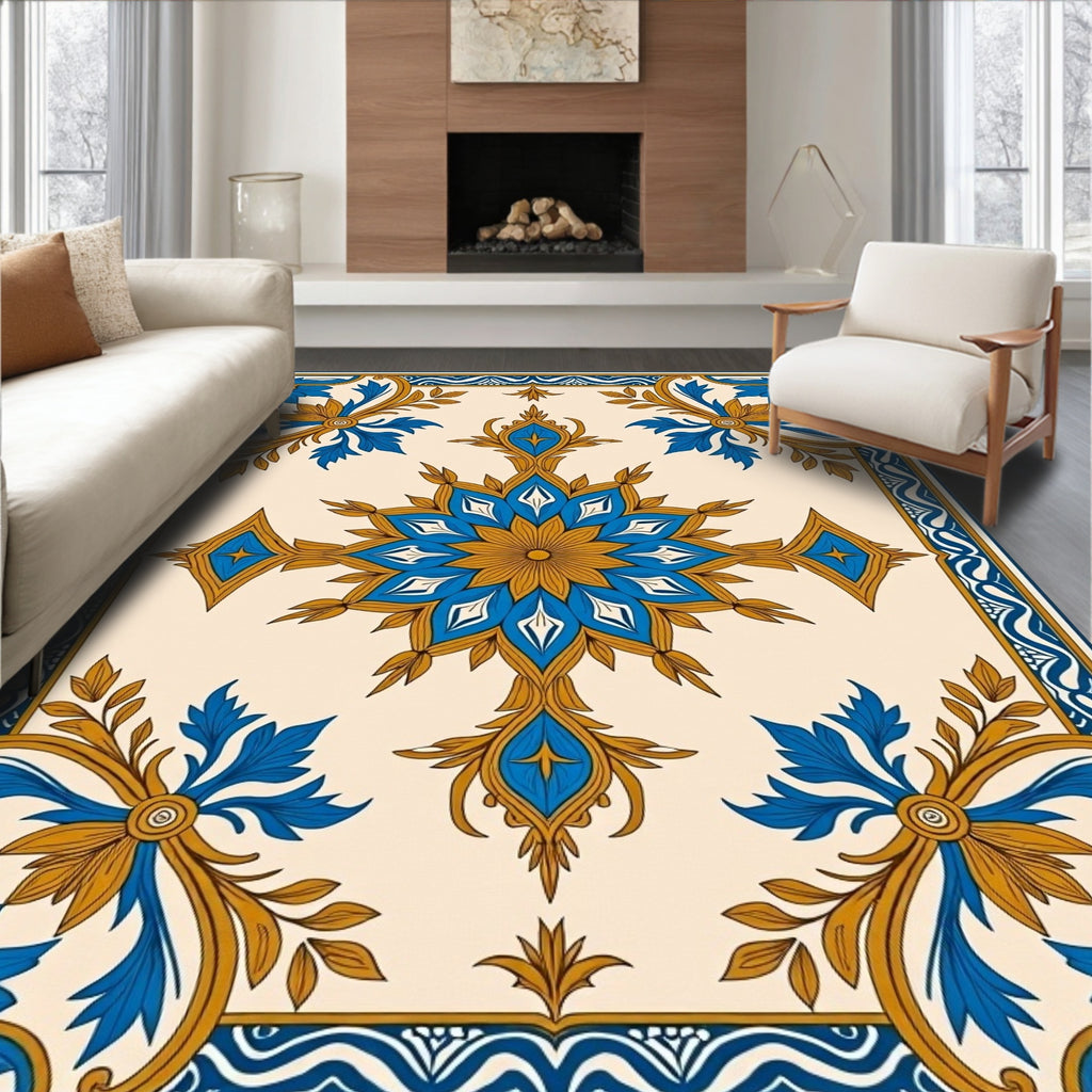 Blue Gold Floral Medallion Border Rug