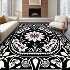 Blush Pink Floral Black Medallion Rug