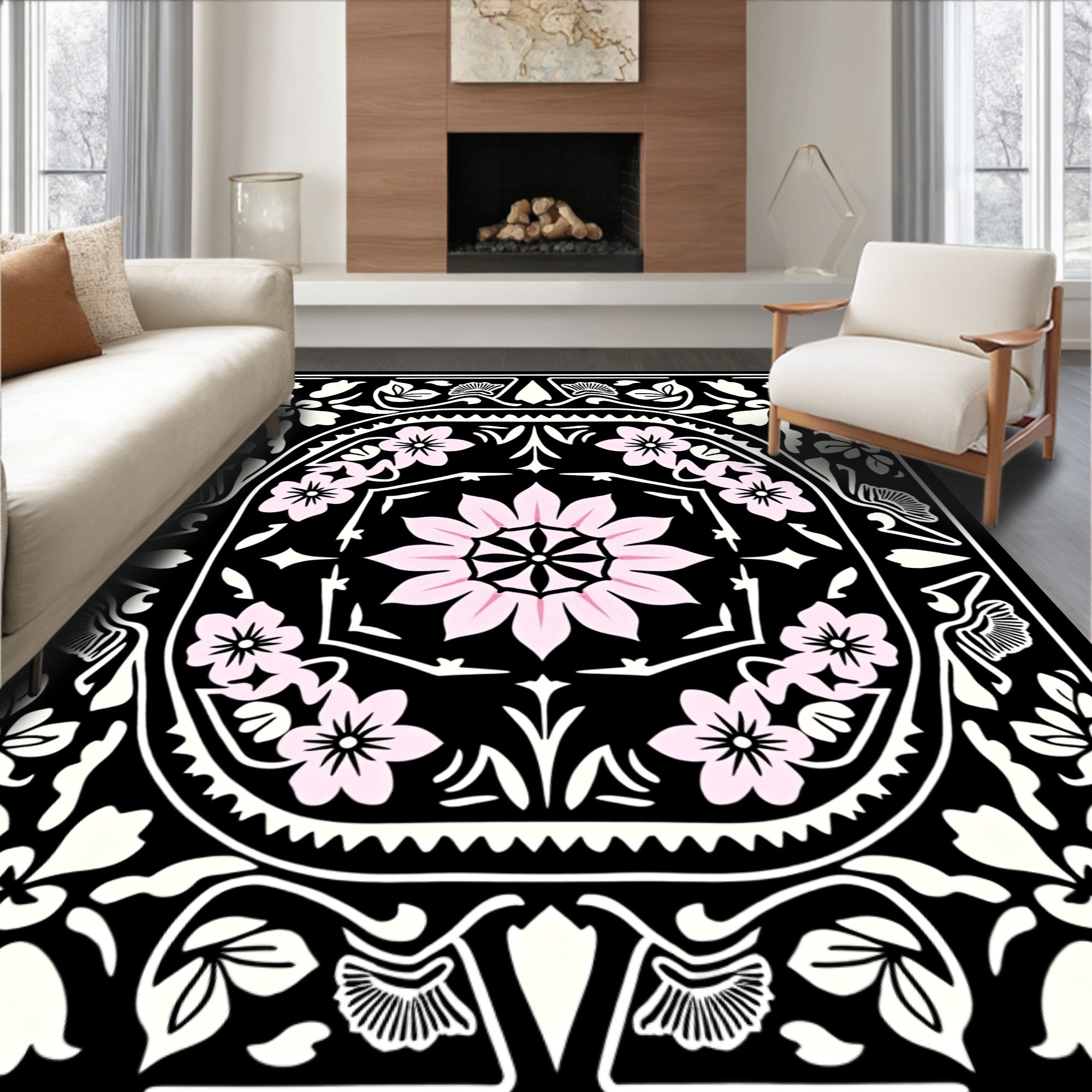 Blush Pink Floral Black Medallion Rug