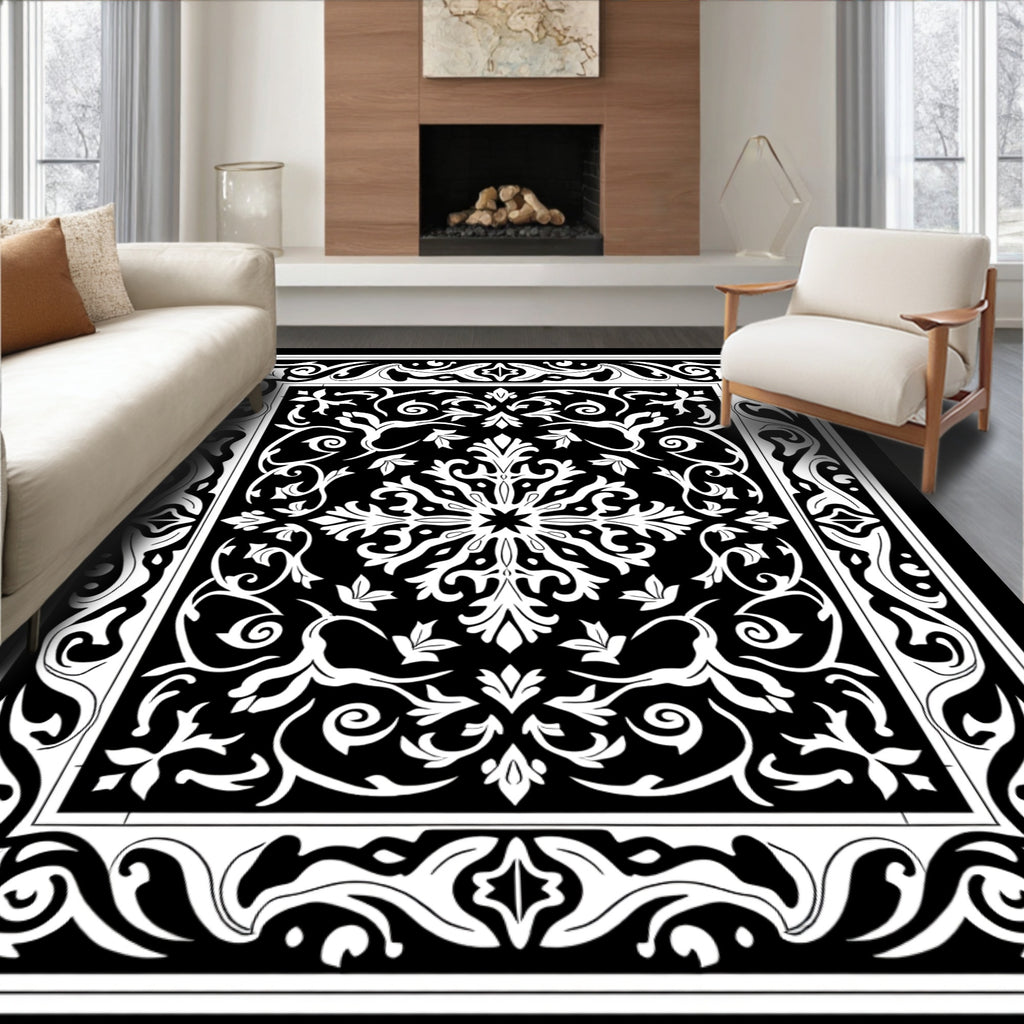 Black White Ornate Scrollwork Medallion Rug