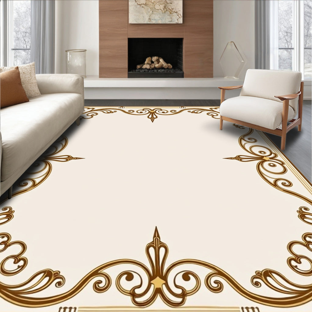 Ornate Brown Scrollwork Border Rug