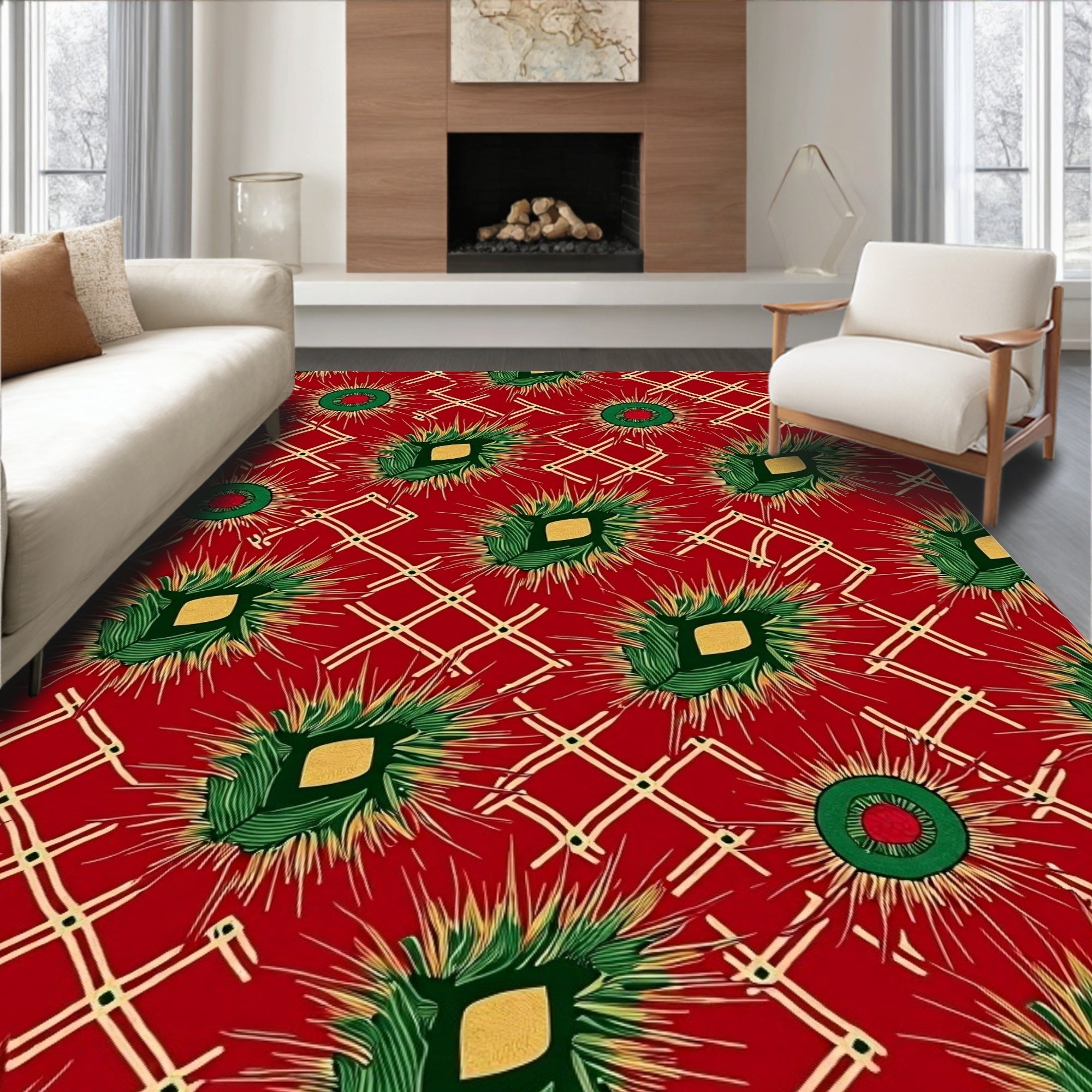 Crimson Green Spiky Floral Diamond Rug
