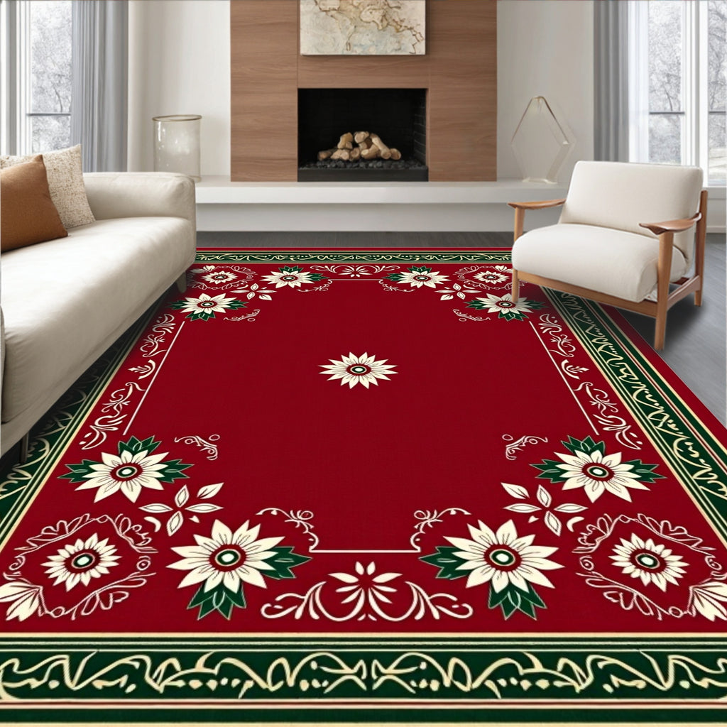 Rich Crimson White Floral Border Rug