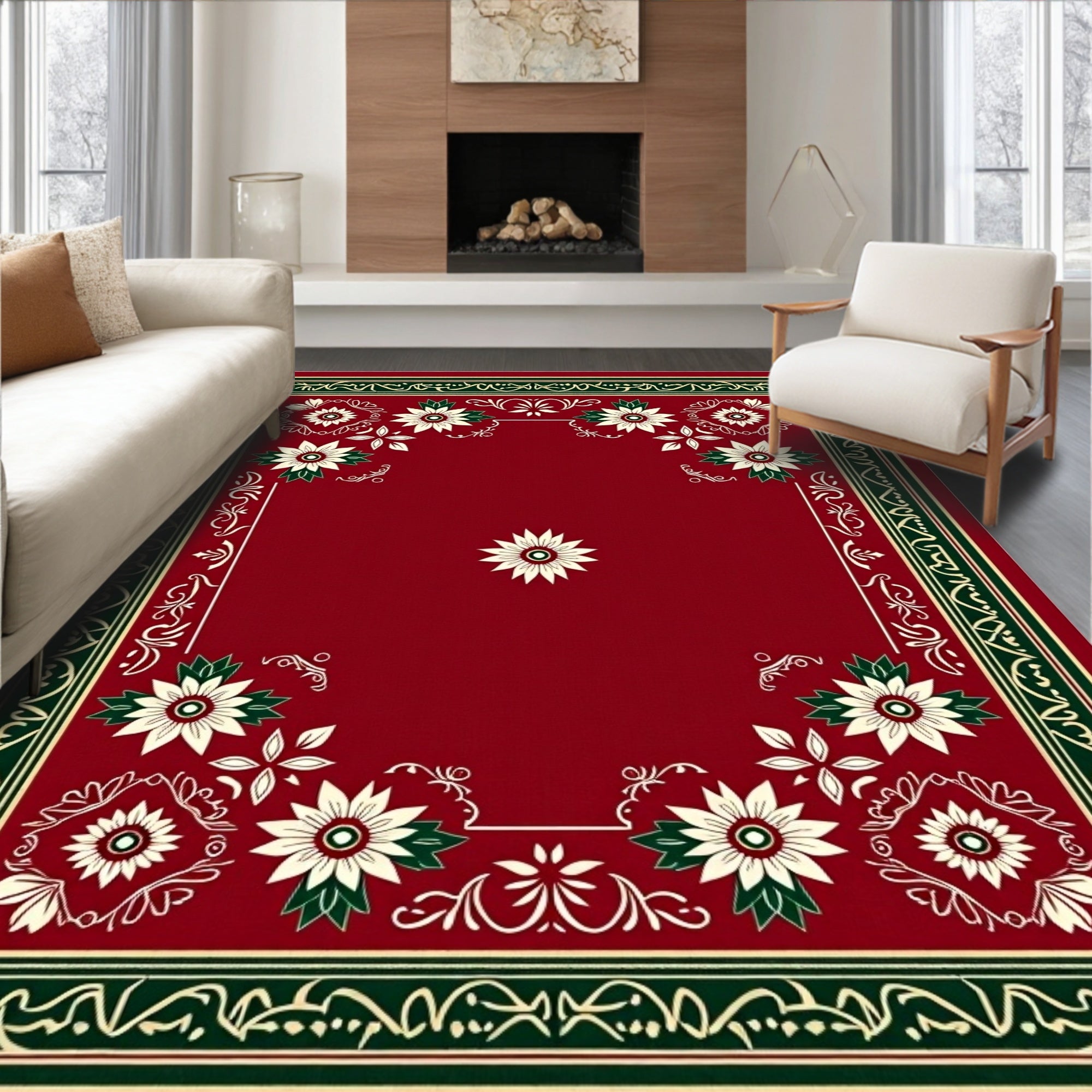 Rich Crimson White Floral Border Rug