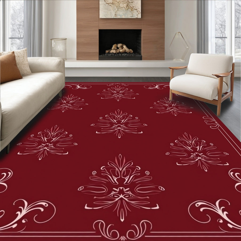 Maroon Cream Floral Crest Ornament Rug