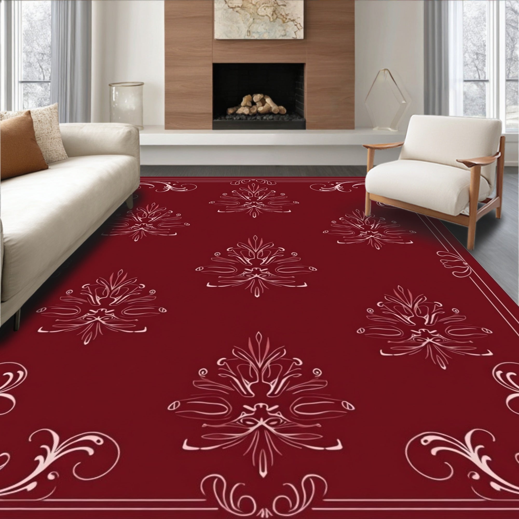 Maroon Cream Floral Crest Ornament Rug