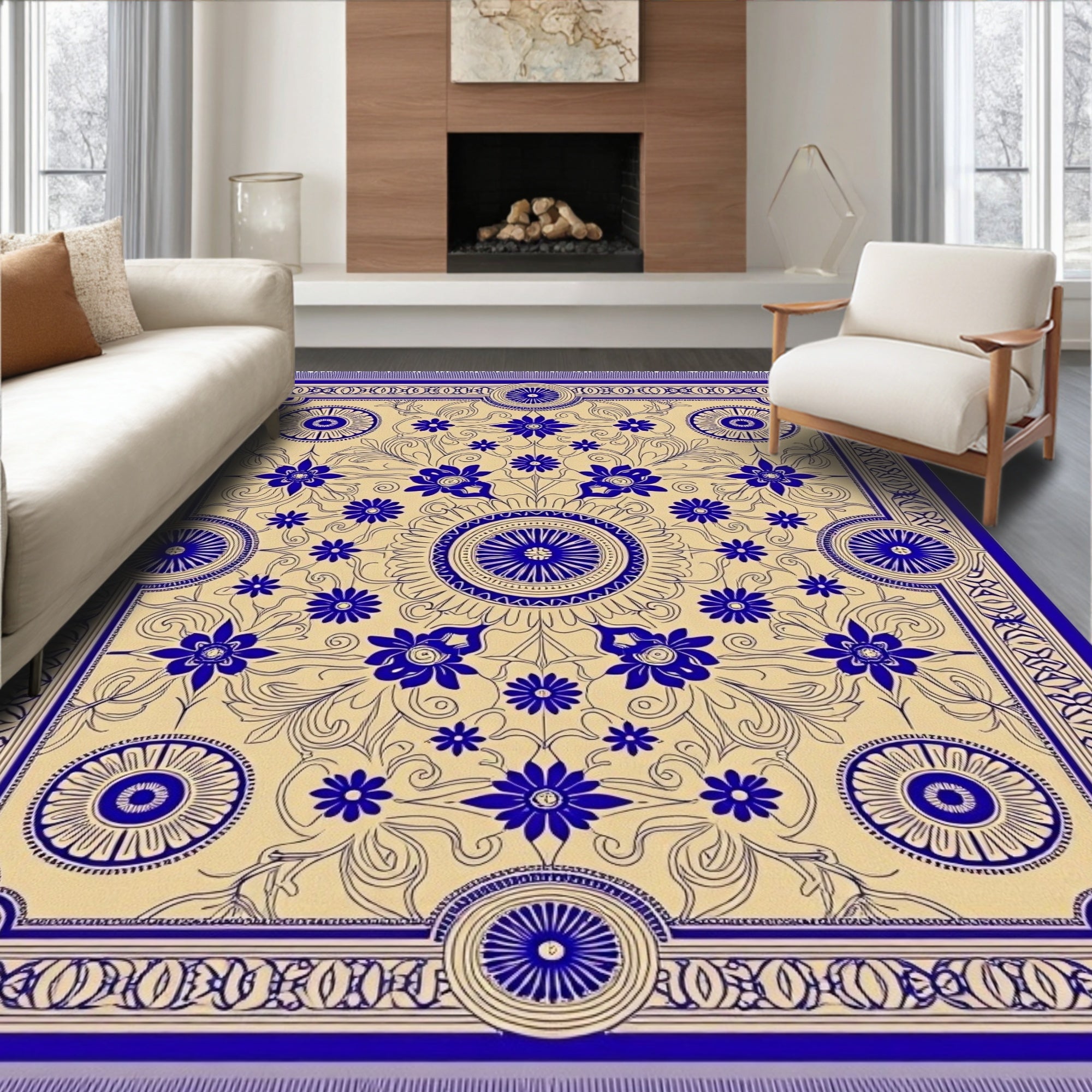 Royal Blue Floral Medallion Border Rug