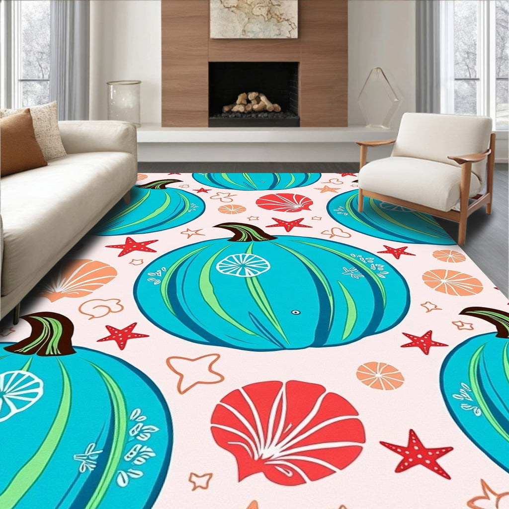Coastal Teal Pumpkin Starfish Shells Rug