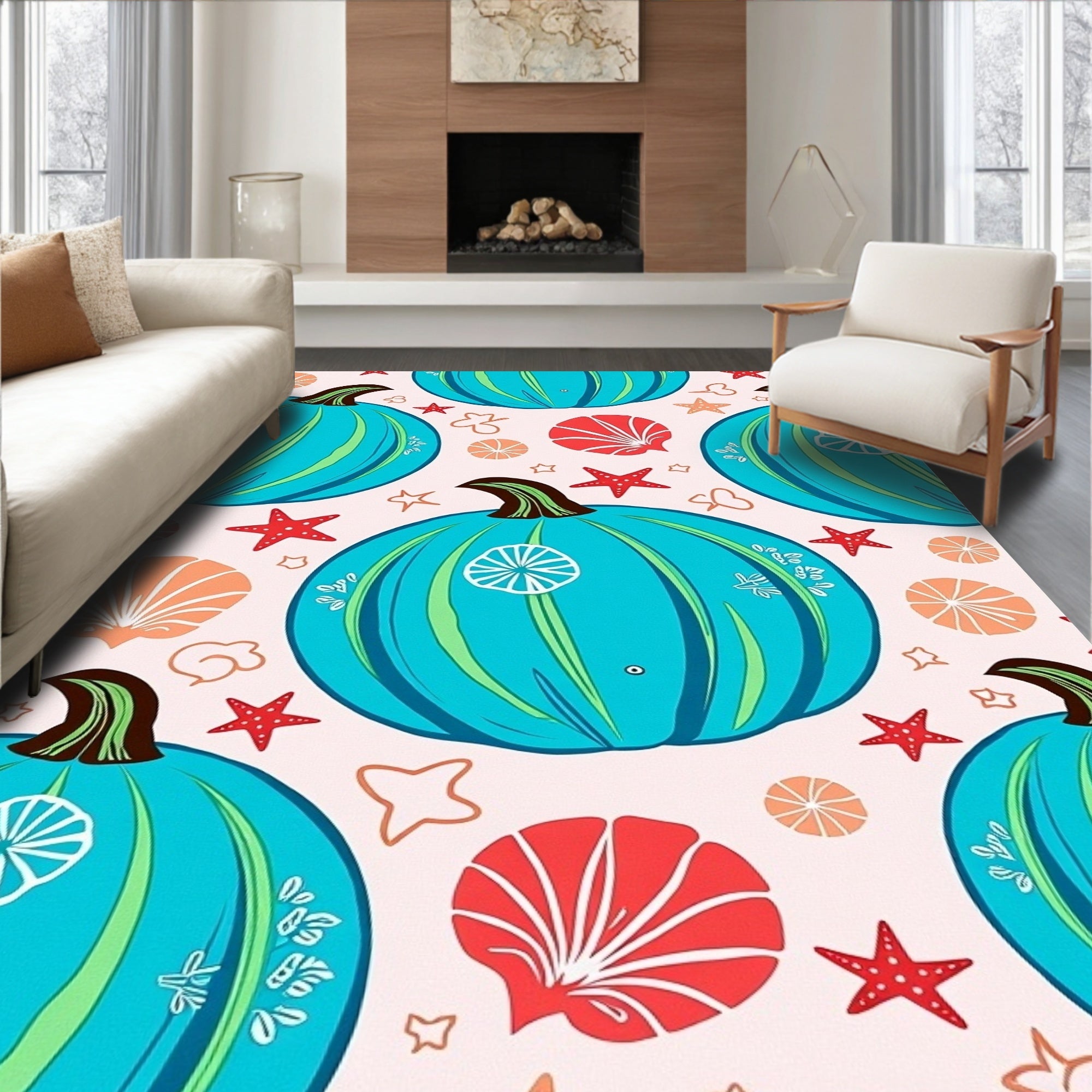 Coastal Teal Pumpkin Starfish Shells Rug