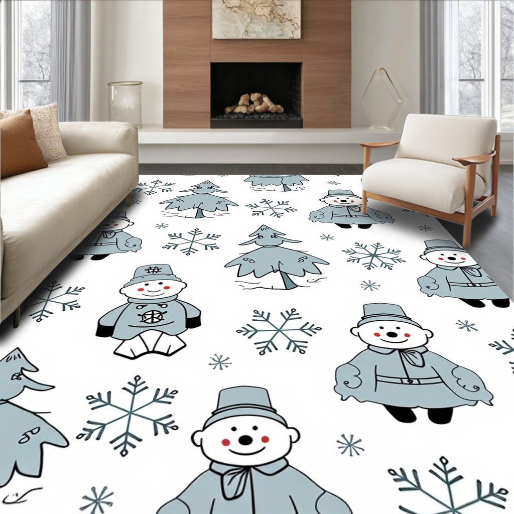 Cute Snowman And Snowflake Winter Trees Rug
