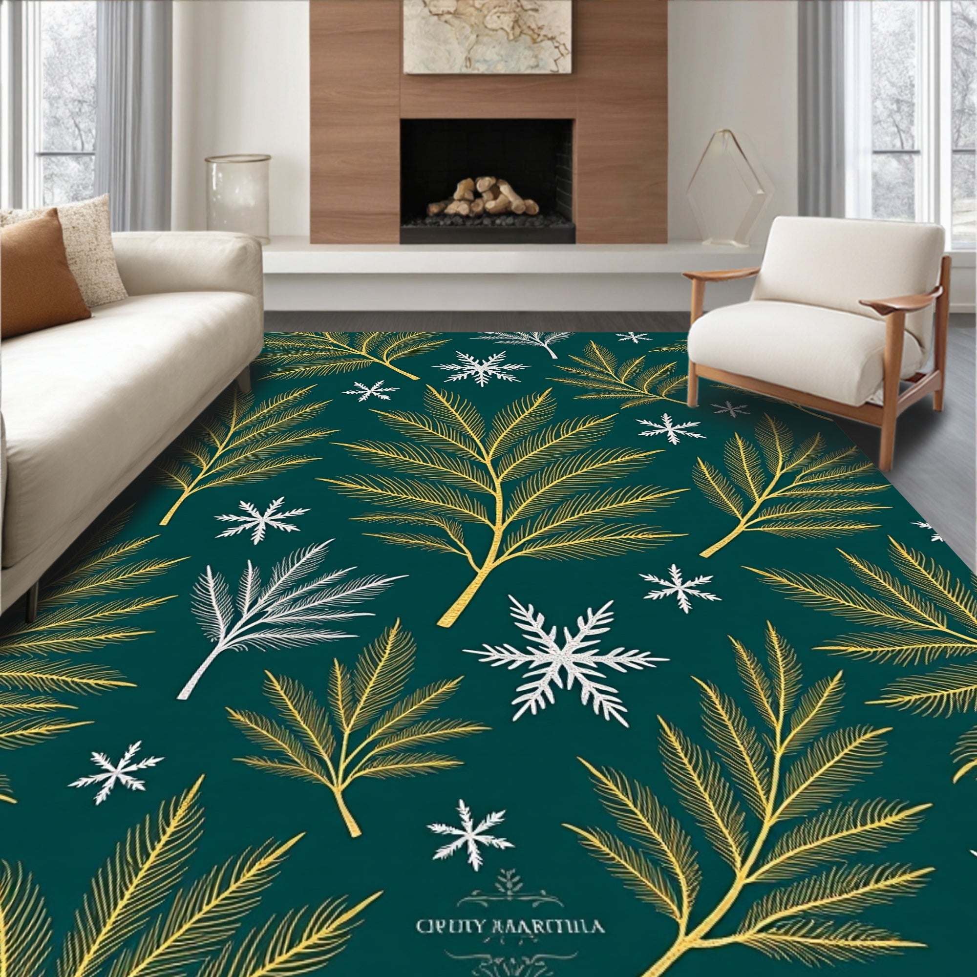 Emerald Green Gold Leaf Snowflakes Rug