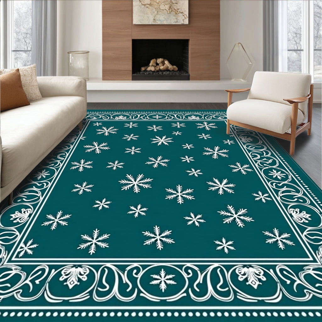 Deep Teal Snowflake Border Rug