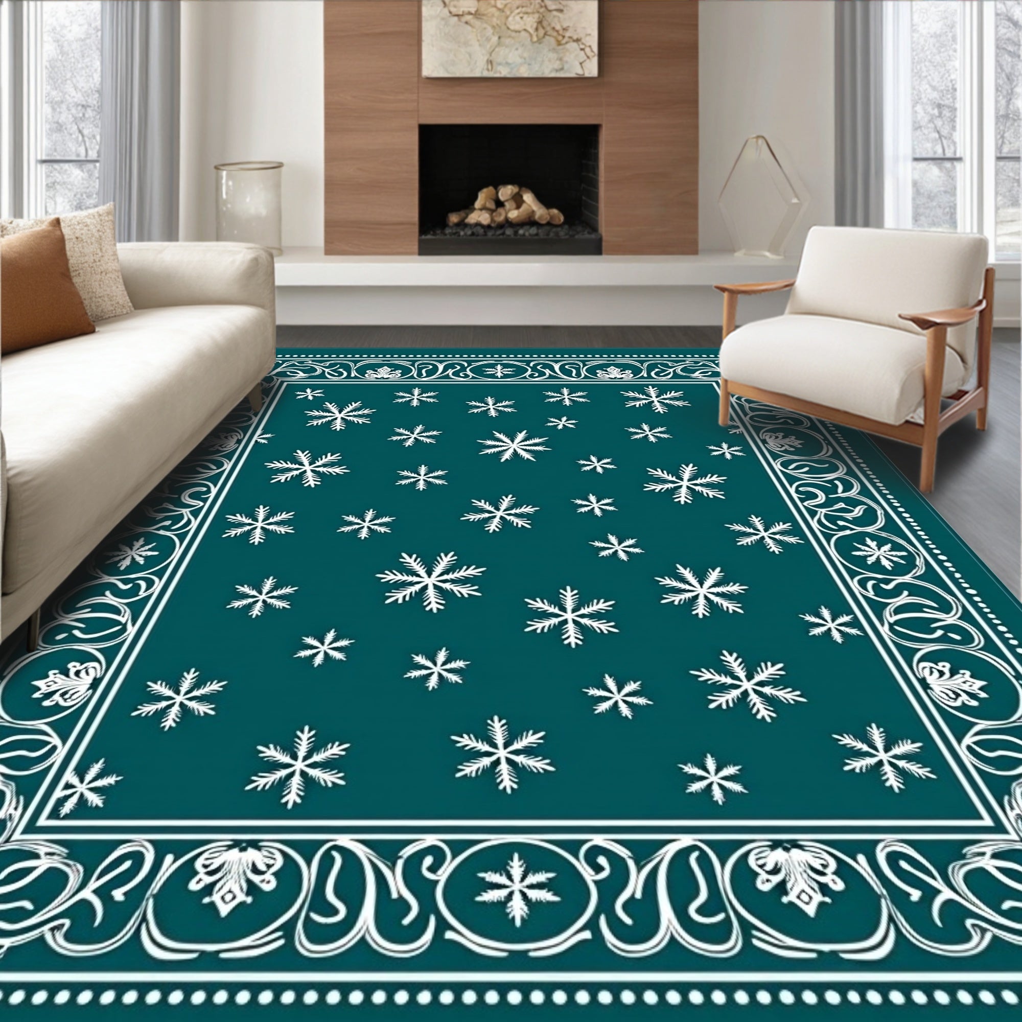 Deep Teal Snowflake Border Rug
