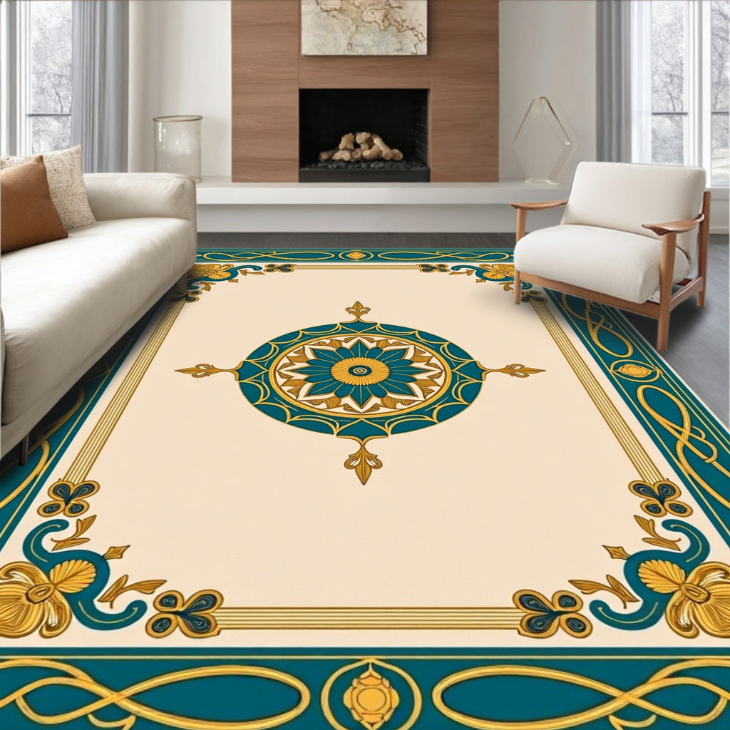 Teal Gold Floral Medallion Border Rug