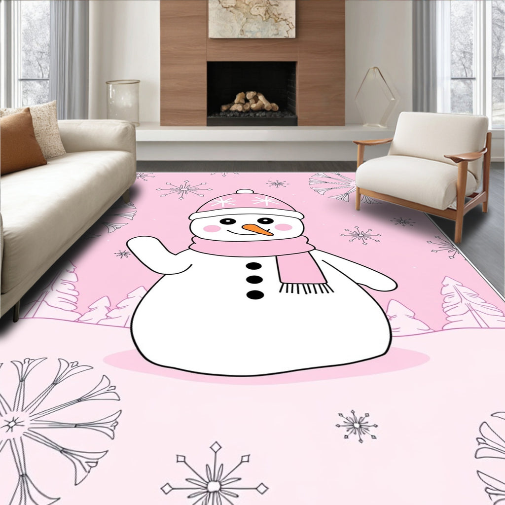 Pink Snowman With Snowflakes And Trees Rug