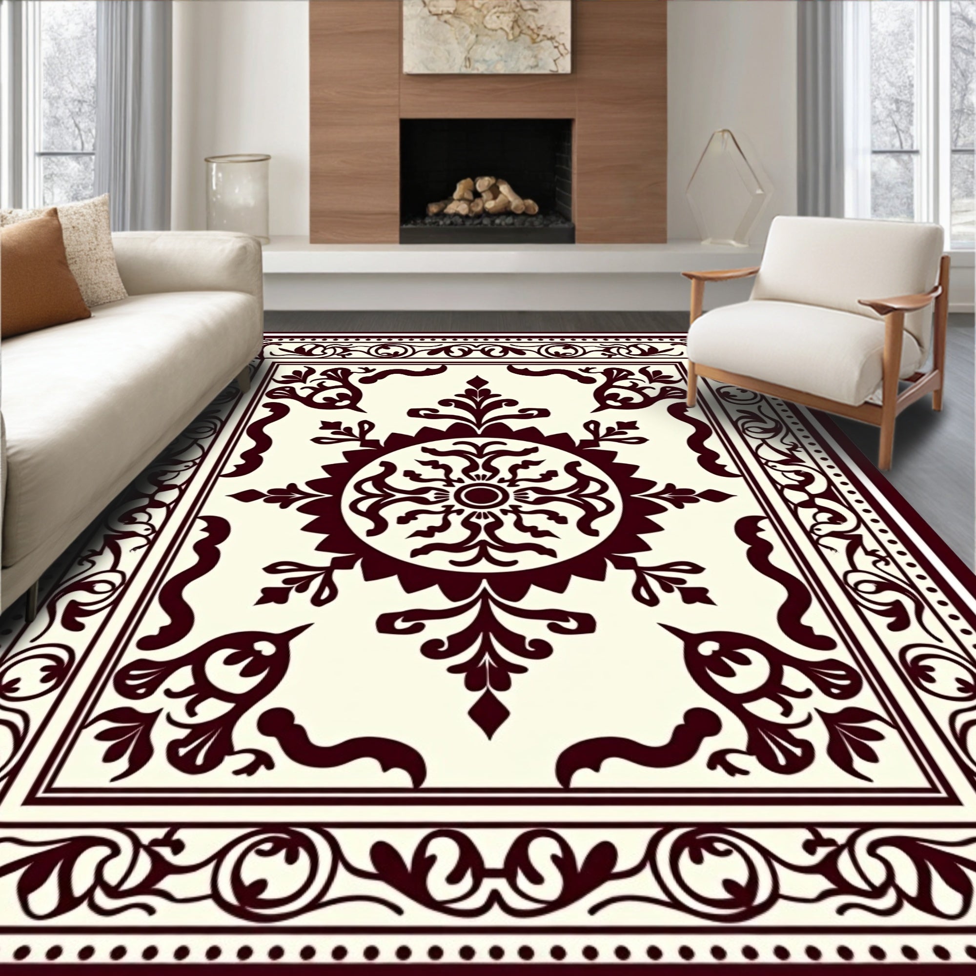 Maroon Off-White Floral Medallion Border Rug
