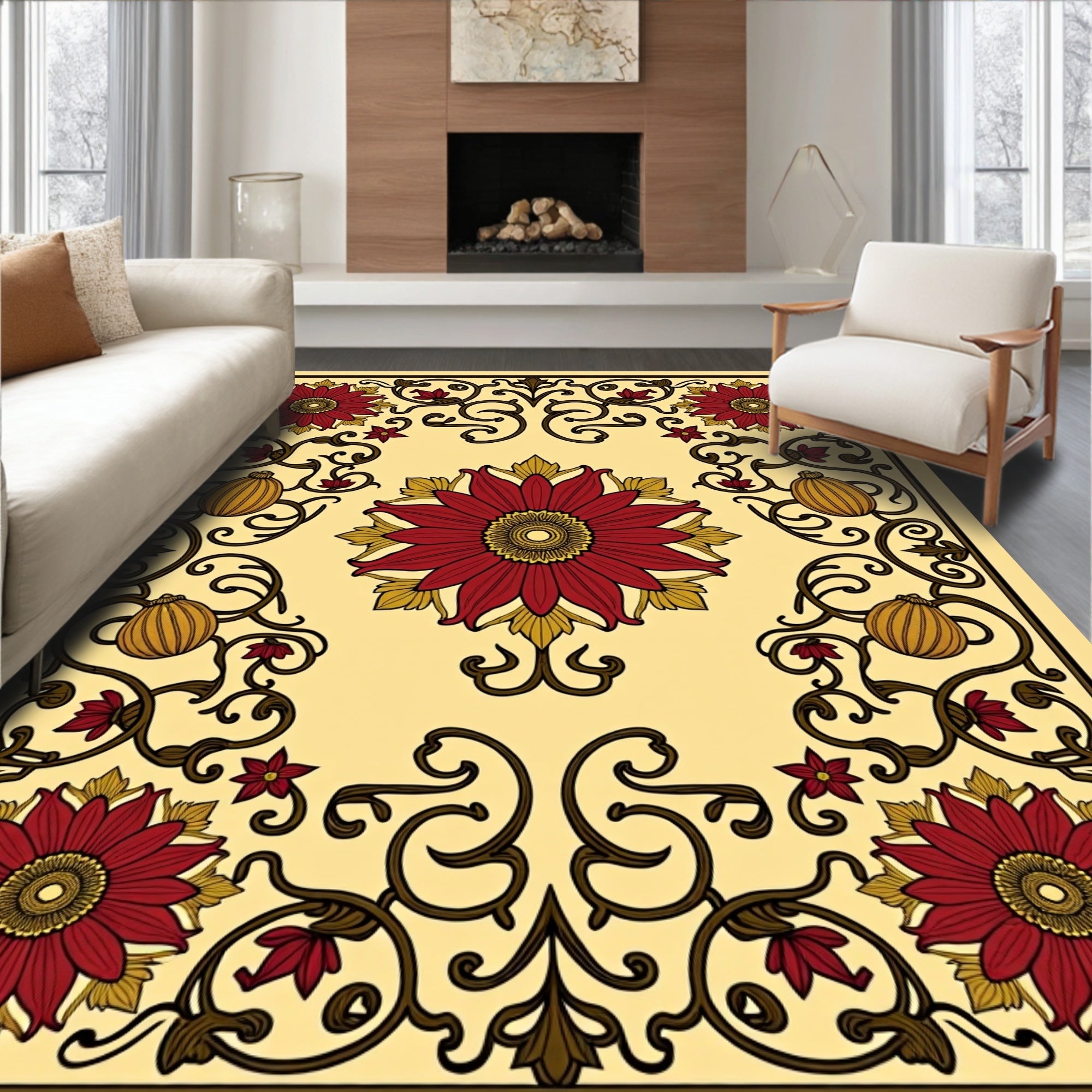 Crimson Floral Scrollwork Amber Gourd Rug