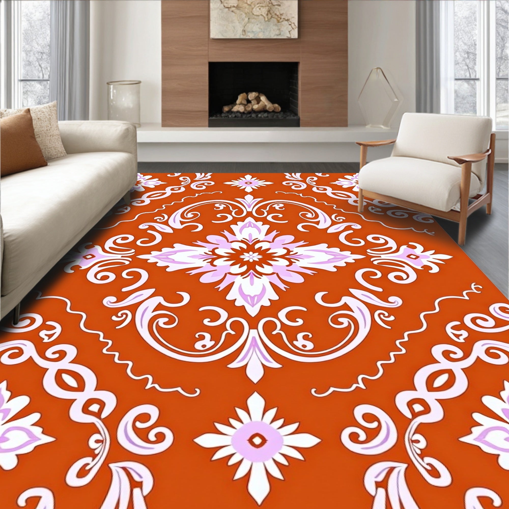 Vibrant Orange Floral Damask Rug
