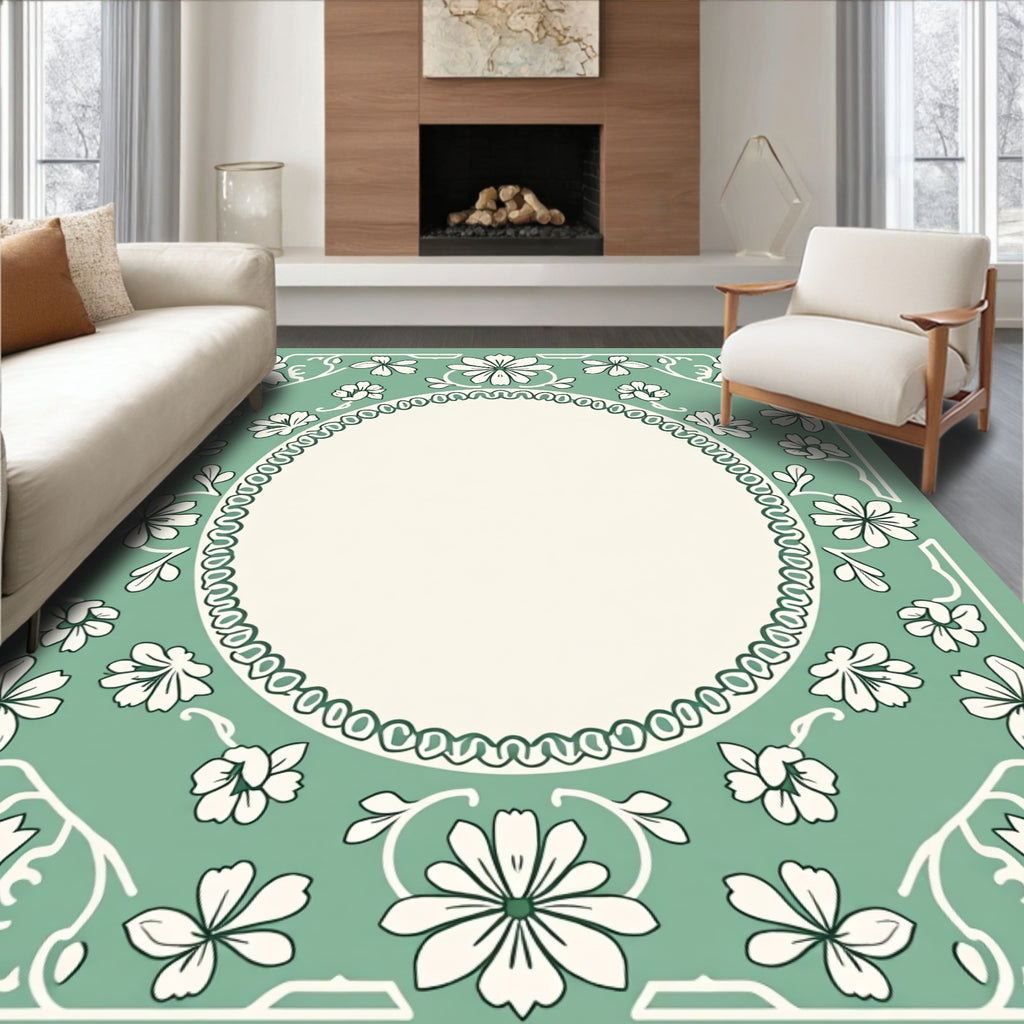Sage Green Floral Border Medallion Rug