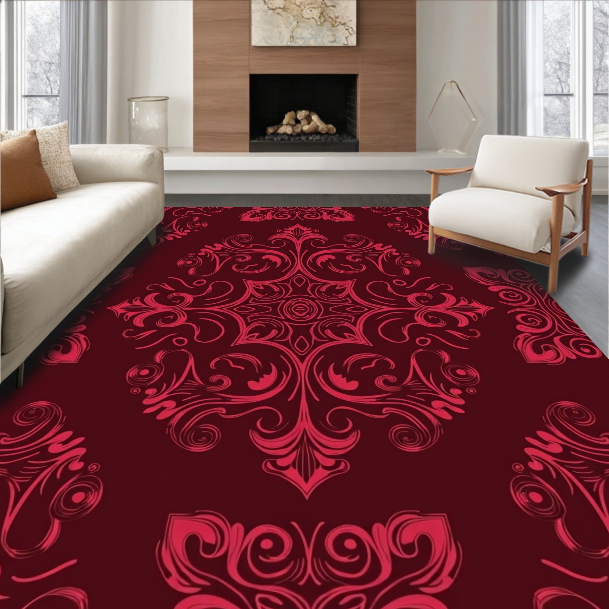 Crimson Red Baroque Floral Medallion Rug