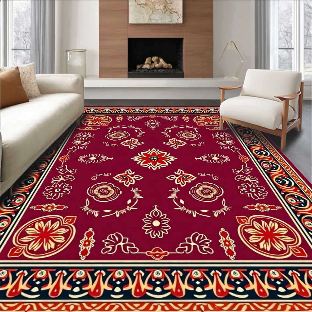Deep Red Floral Medallion Botanical Rug