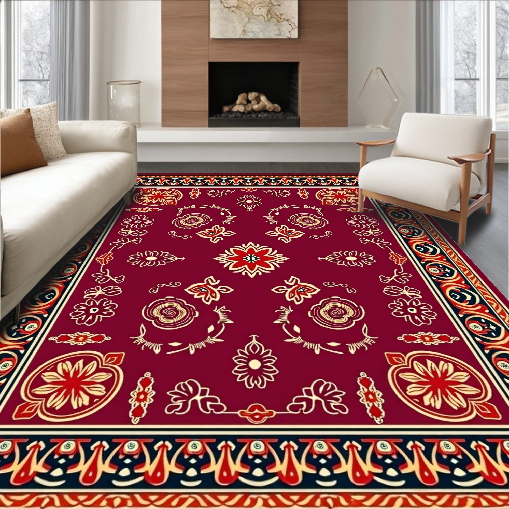 Deep Red Floral Medallion Botanical Rug