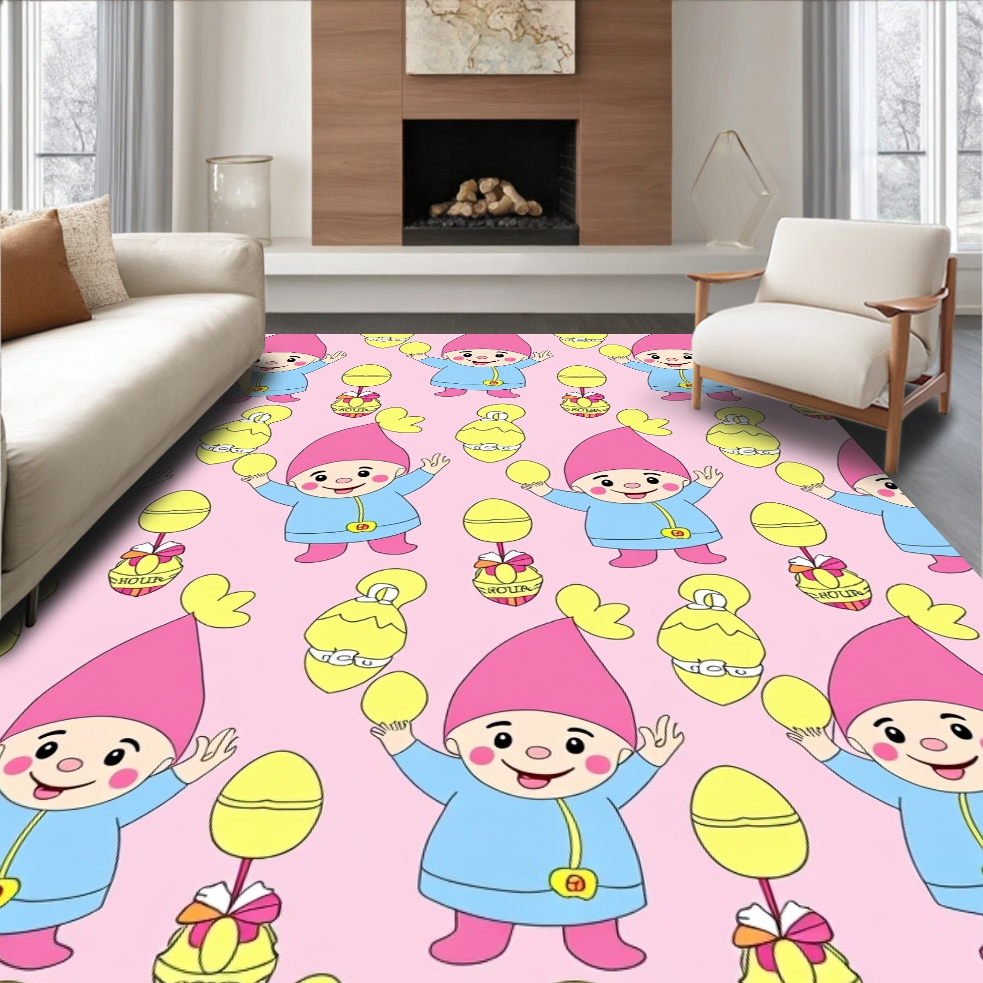 Happy Pink Elves Yellow Eggs Rug