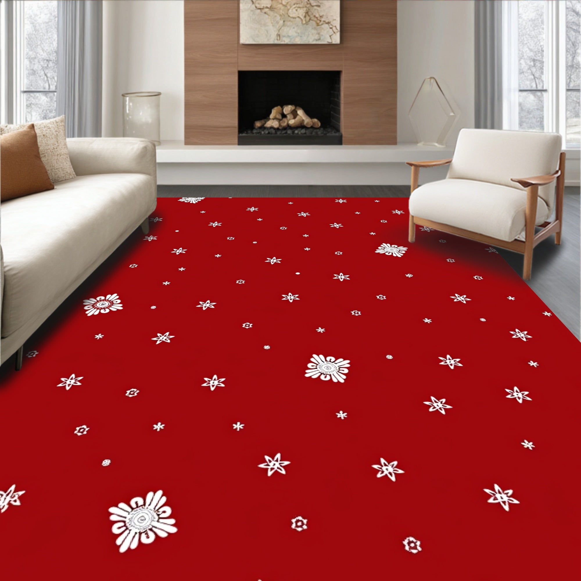 Rustic Red White Floral Scatter Rug