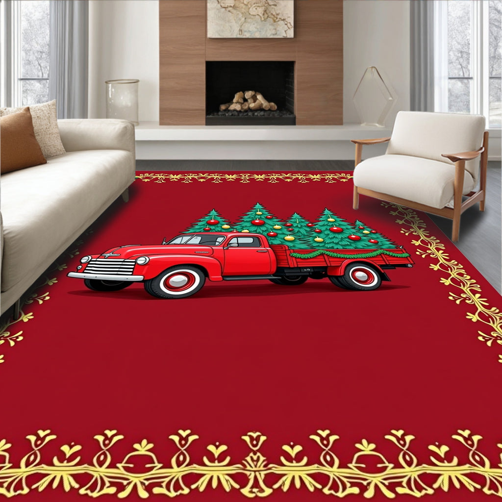 Red Truck Christmas Trees Garland Rug