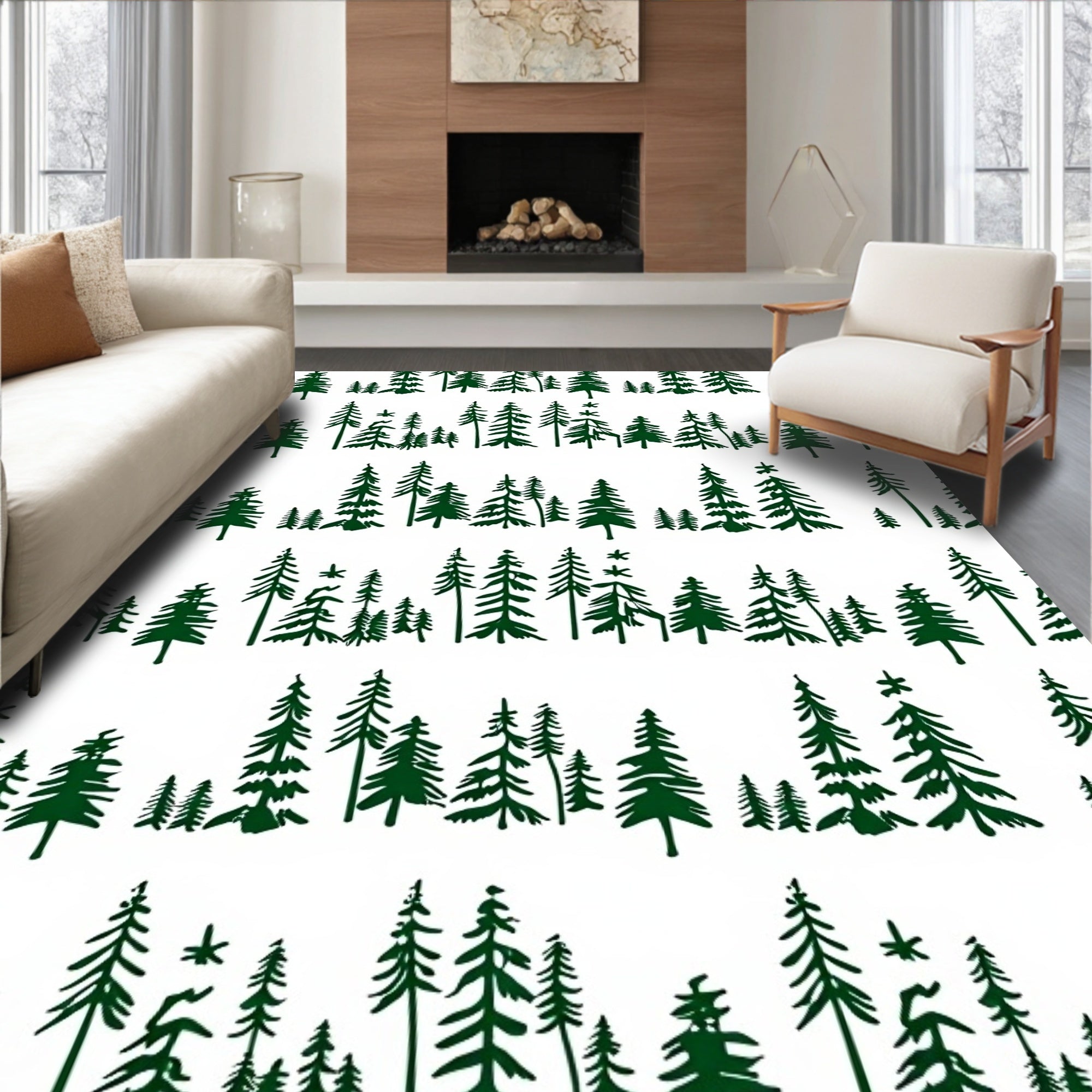 Dark Green Forest Pine Trees Rug