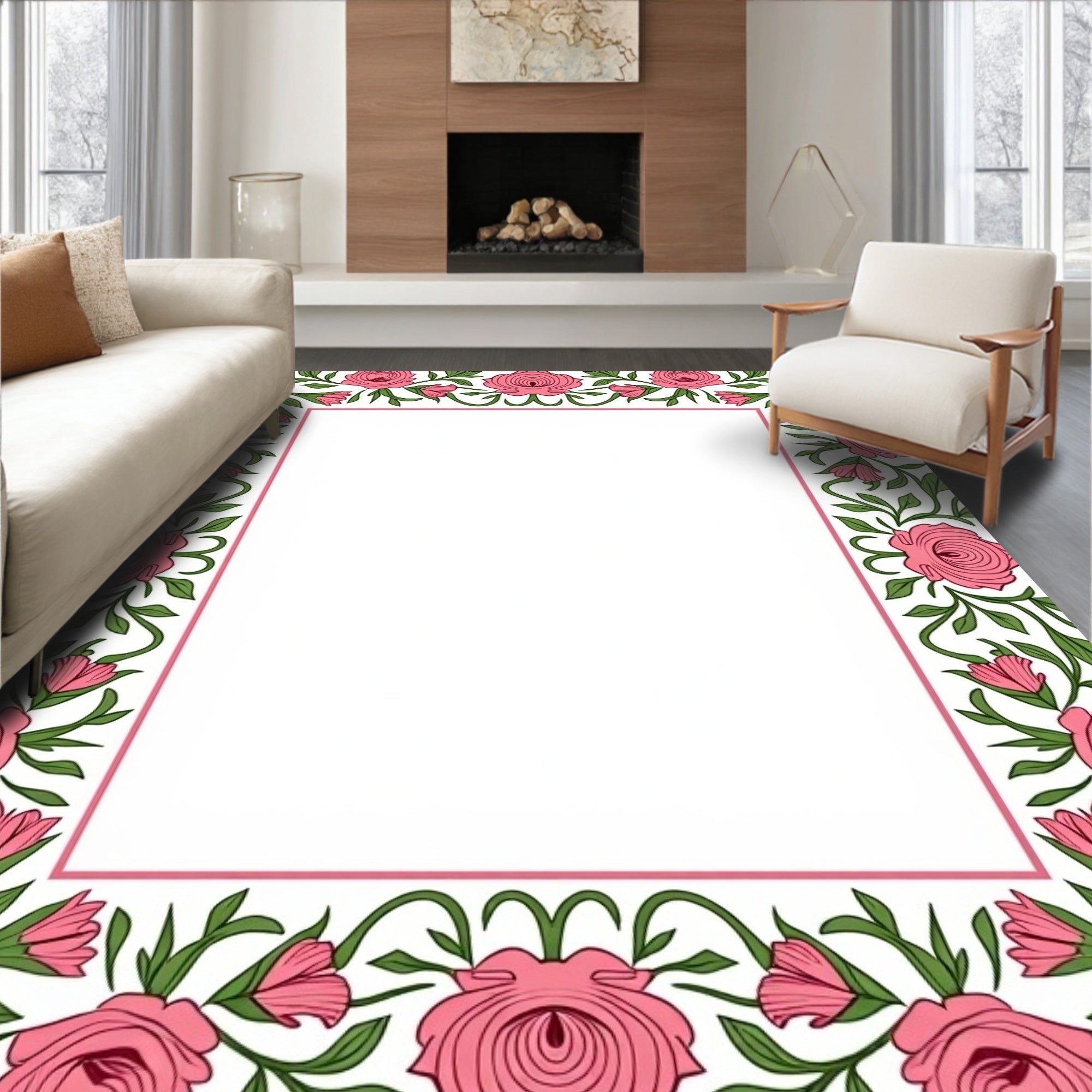Pink Rose Vine Border Rug