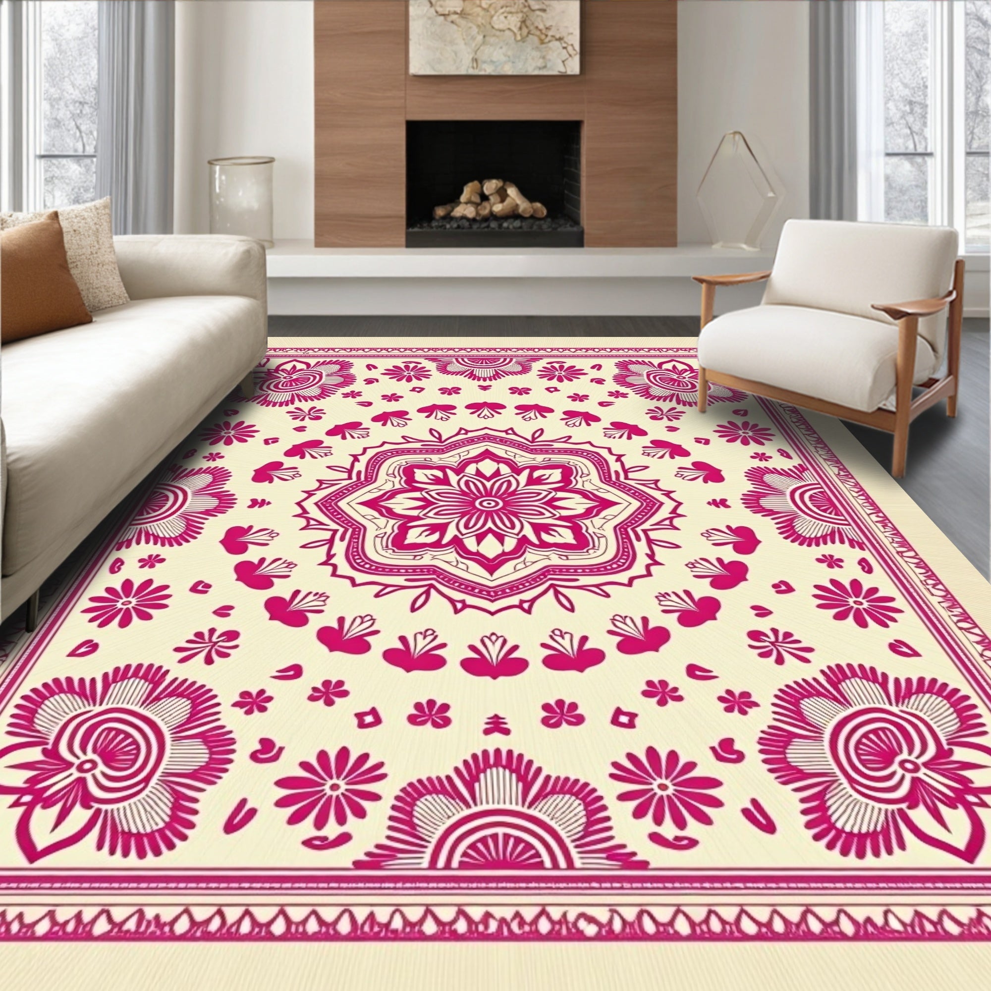 Radiant Pink Mandala Floral Cream Rug