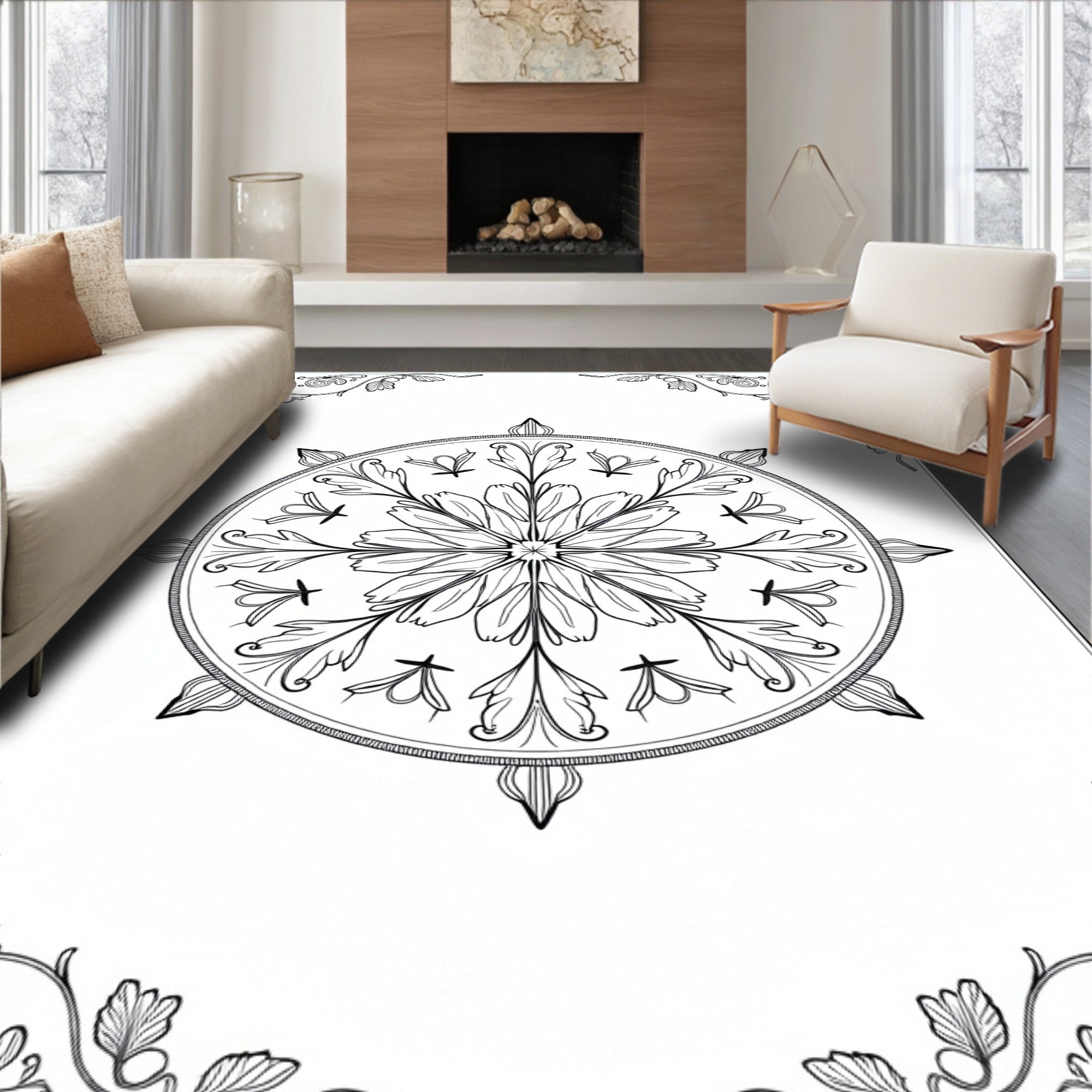 Ornate Floral Mandala Black White Rug