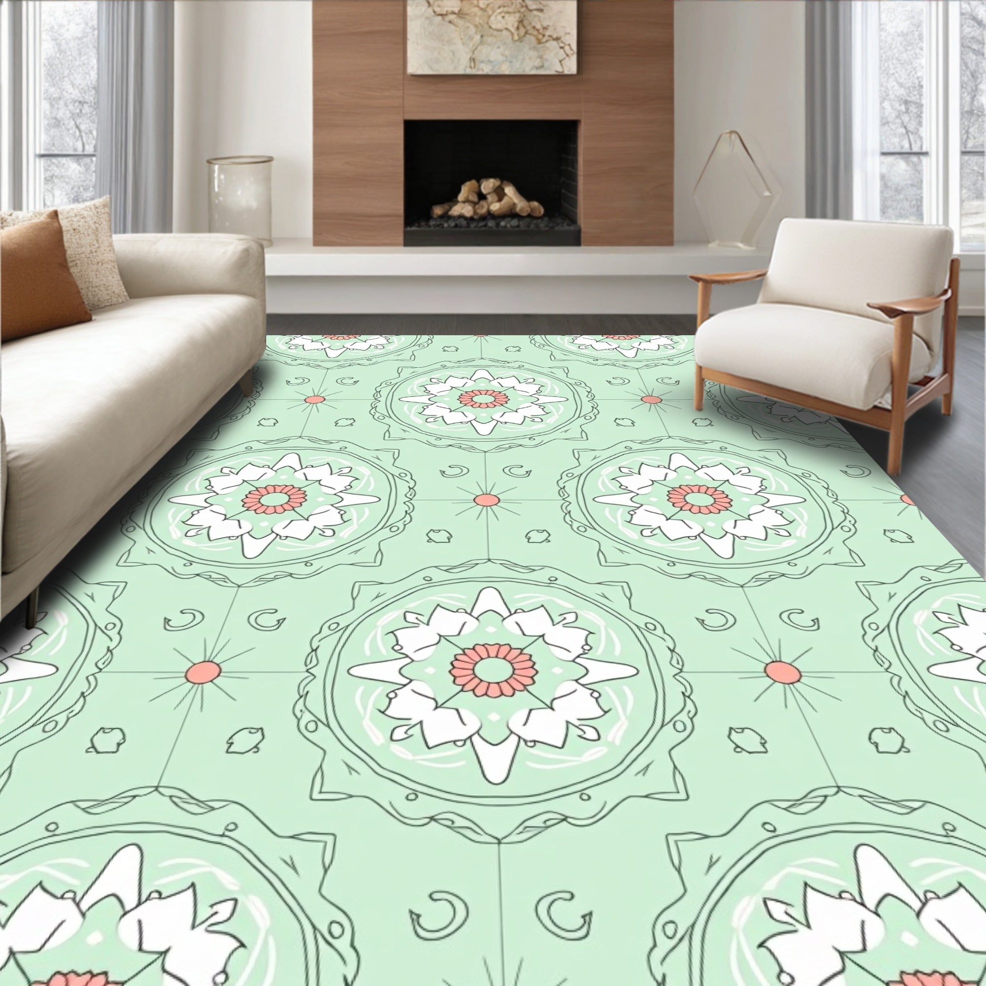 Mint Green Floral Mandala Round Rug
