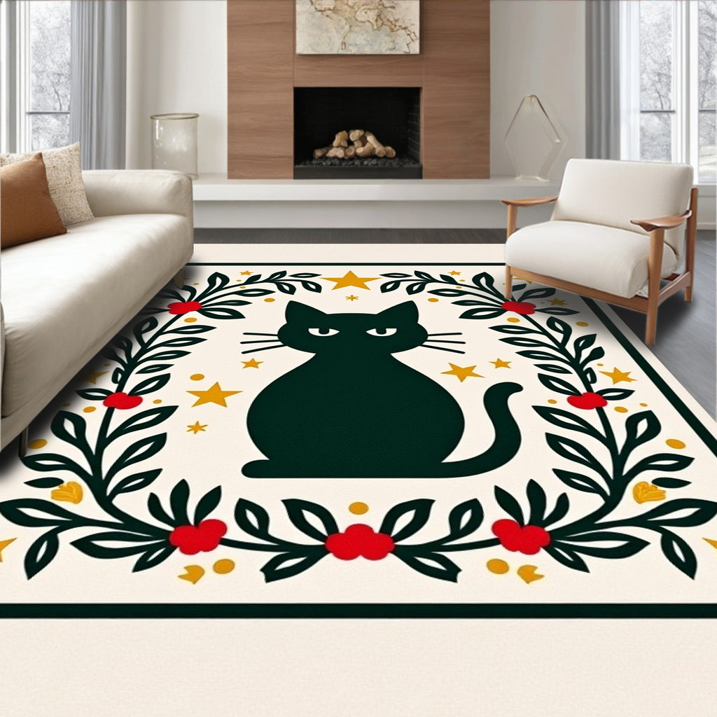 Black Cat Stars Floral Wreath Rug