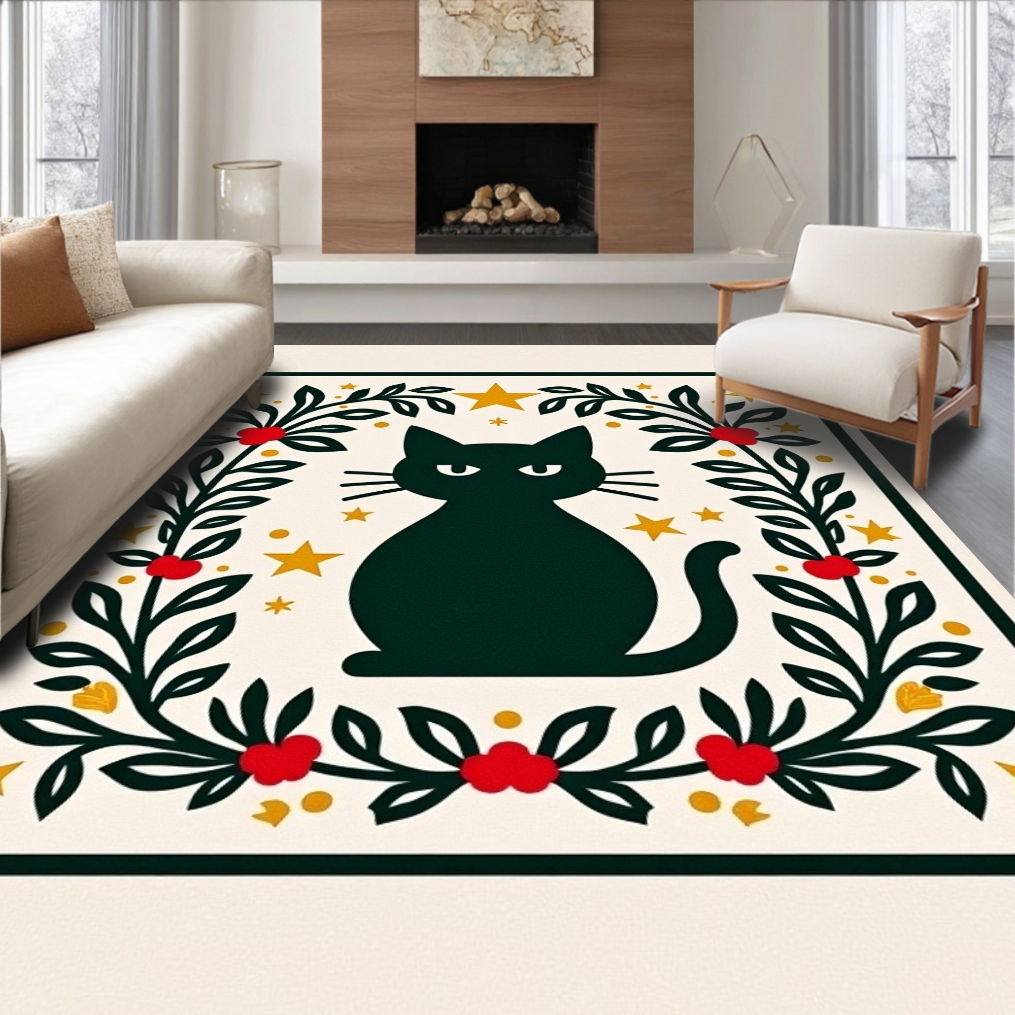 Black Cat Stars Floral Wreath Rug
