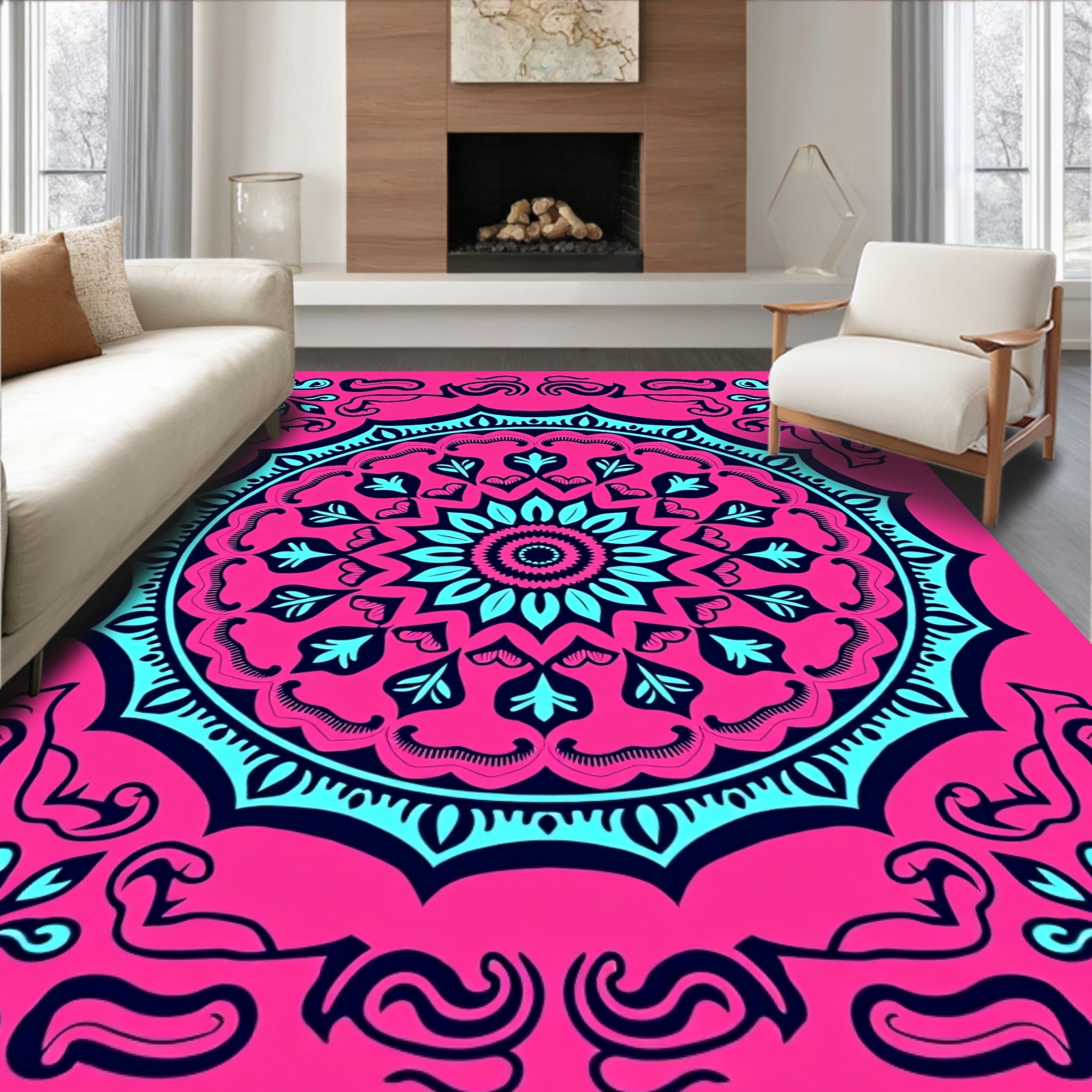 Vibrant Pink Teal Mandala Floral Rug