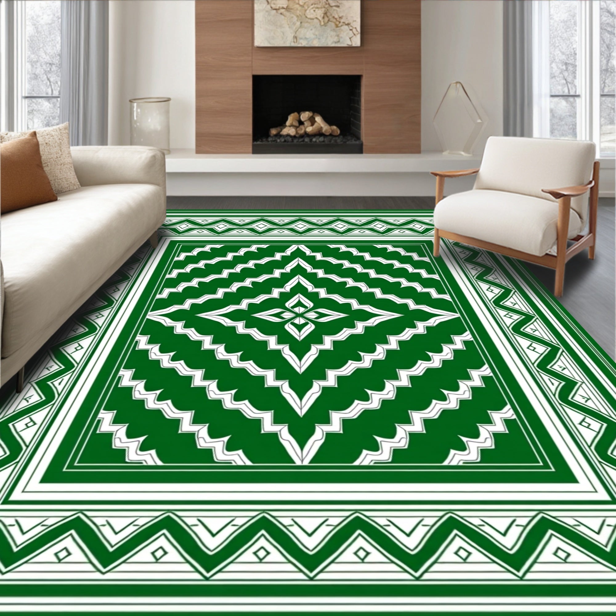 Emerald Green Geometric Diamond Medallion Rug
