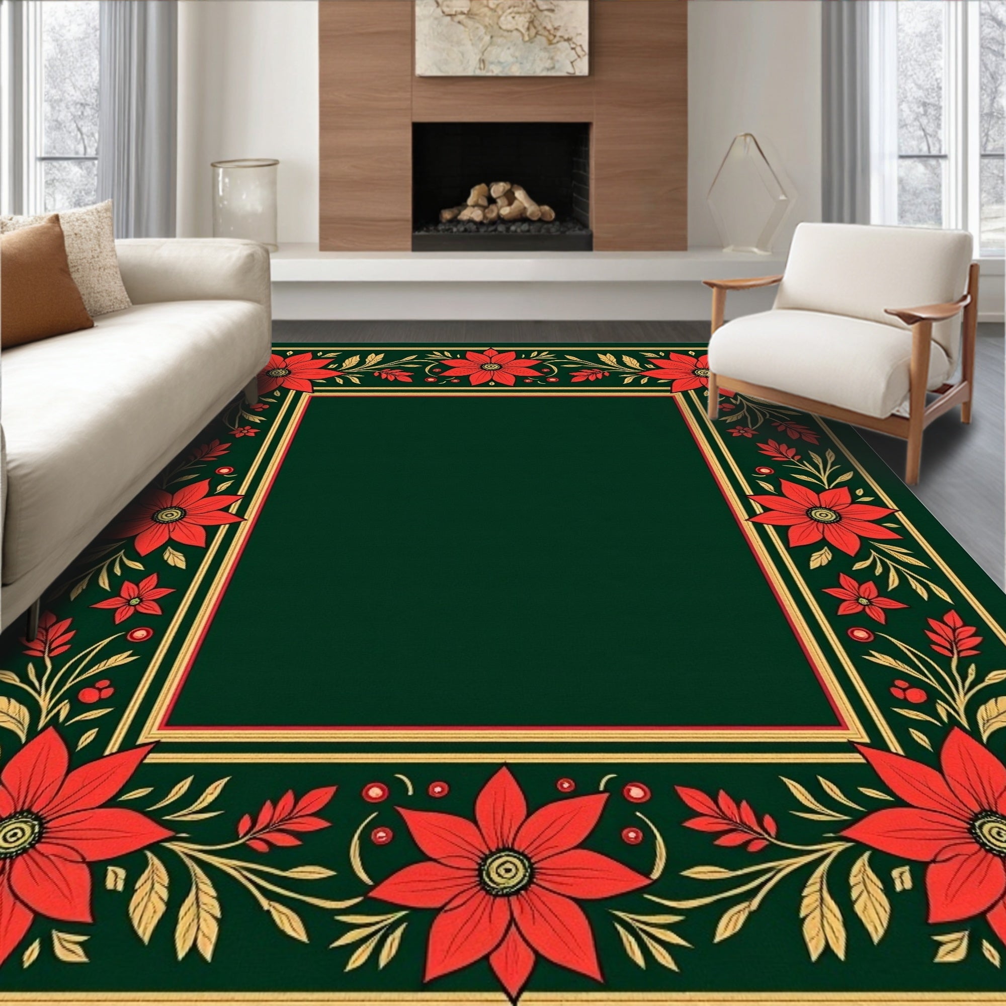 Crimson Poinsettia Border on Deep Green Rug