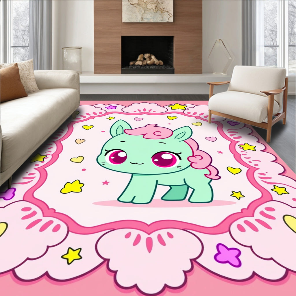Kawaii Mint Pony Heart Star Frame Rug