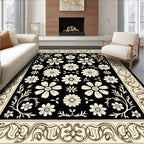Classic Black Cream Floral Border Rug